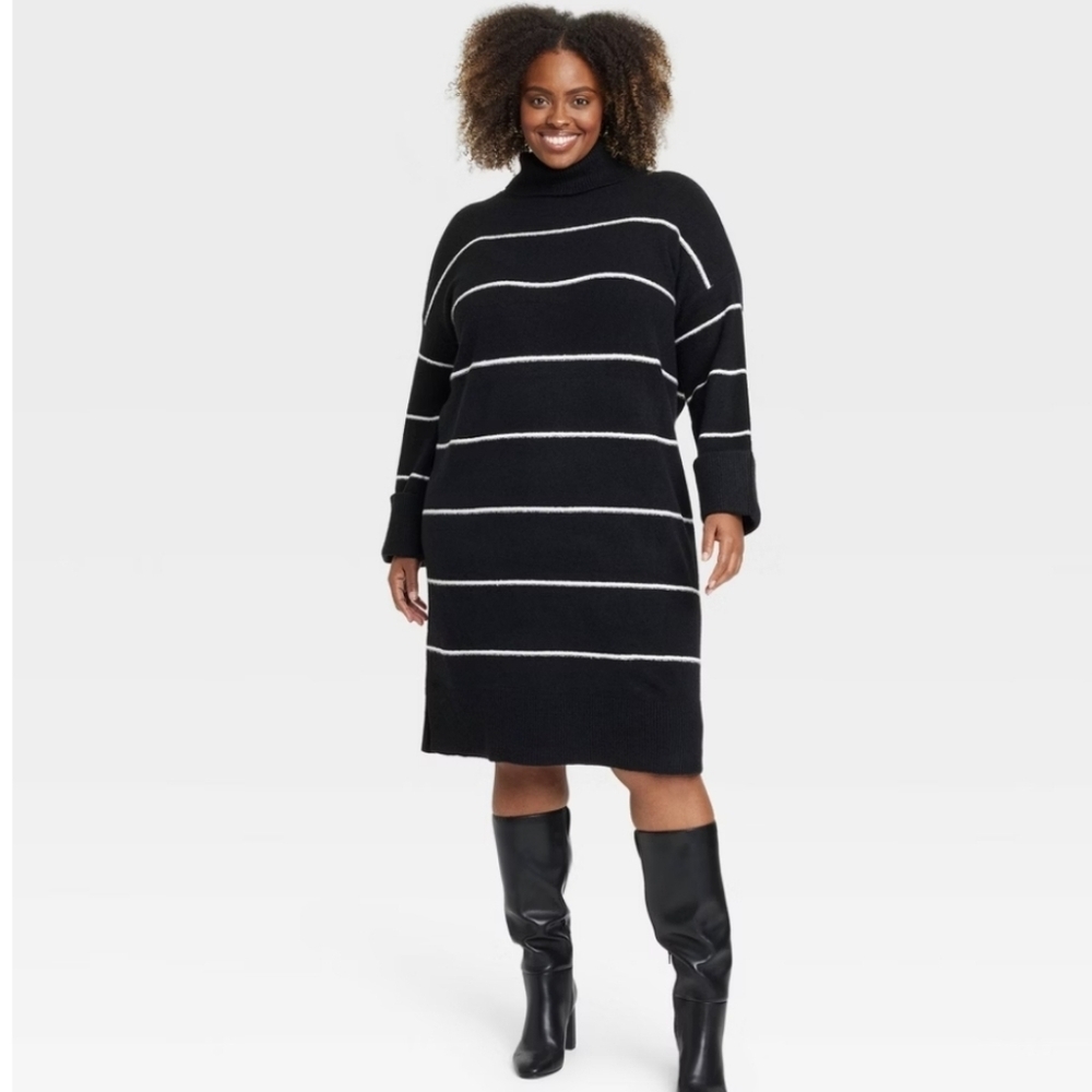 Women's Long Sleeve Cozy Knitted Midi Sweater Dress - Ava & Viv Black Stripe 1X